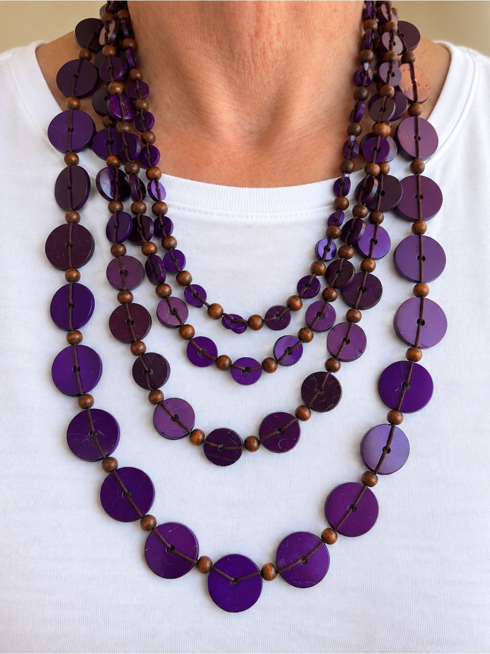 Purple Multi Strand Statement Necklace Disc Beads Boho Layered 21”